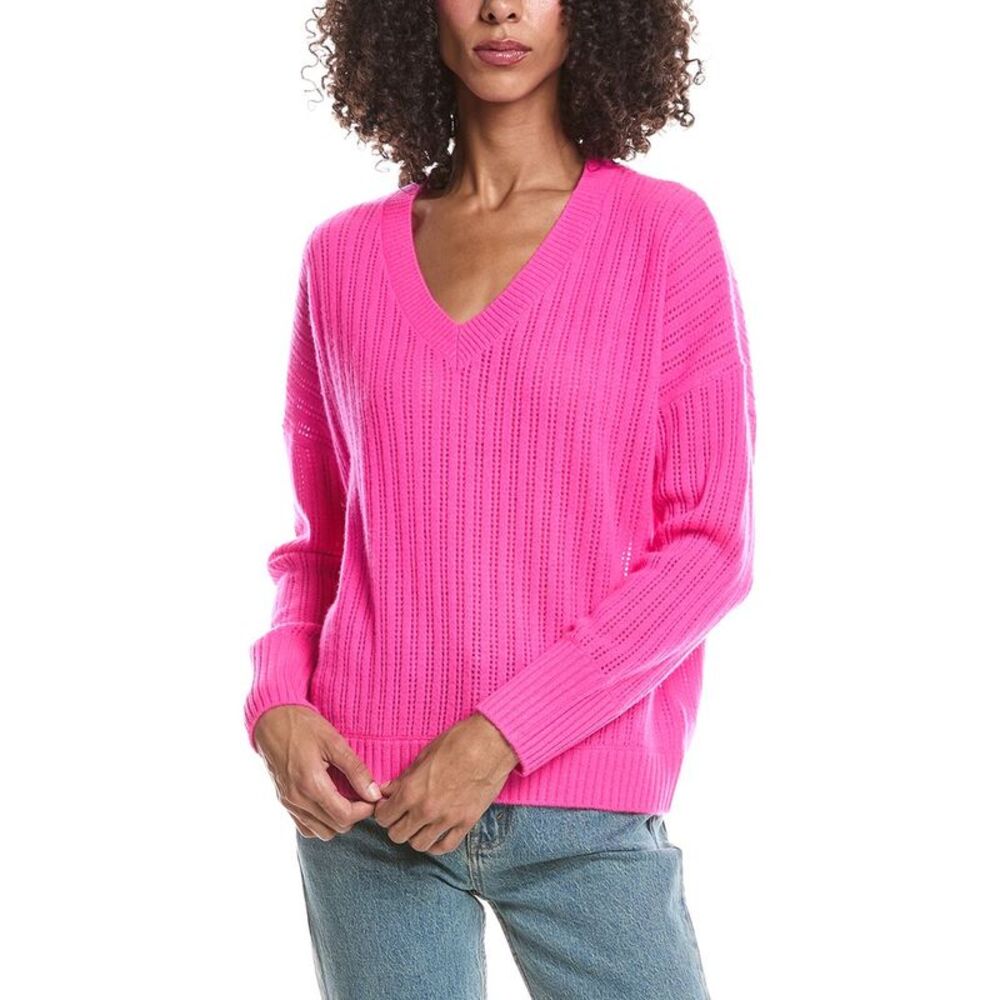 Brodie Cashmere Womens Demi Ladder V-Neck 100% Cashmere Sweater Neck, Pink